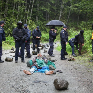 A woman plays a trumpet while lying on the road as Royal Canadian Mounted Police officers assemble during an operation to arrest protesters manning the Waterfall camp blockade against old growth timber logging in the Fairy Creek area of Vancouver Island. PHOTO BY JENNIFER OSBORNE /REUTERS Source: https://vancouversun.com/news/old-growth-logging-protesters-vow-to-stay-put-at-fairy-creek Jennifer Osbourne (Reuters)